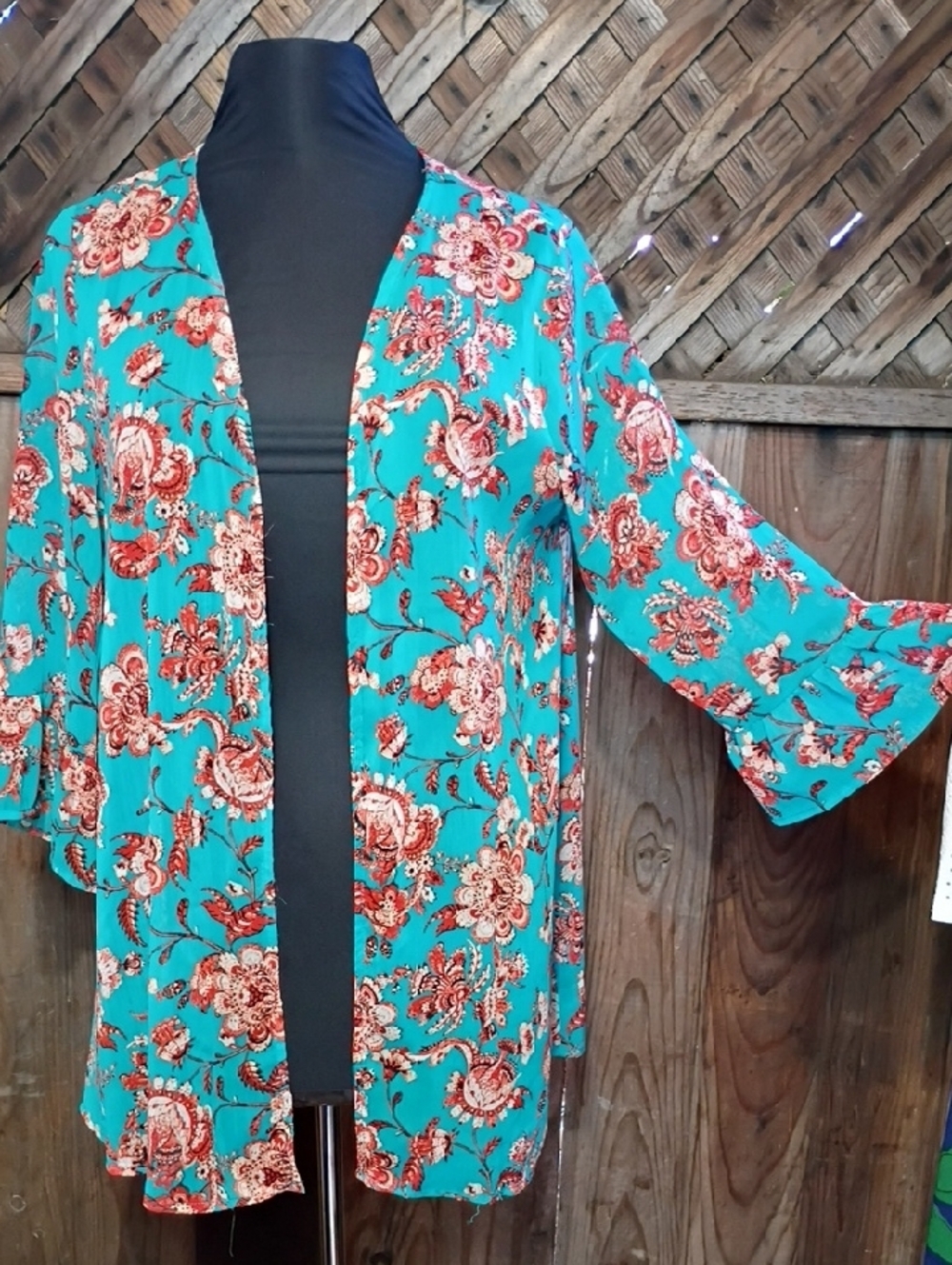 Turquoise Floral Open Front Kimono Cardigan